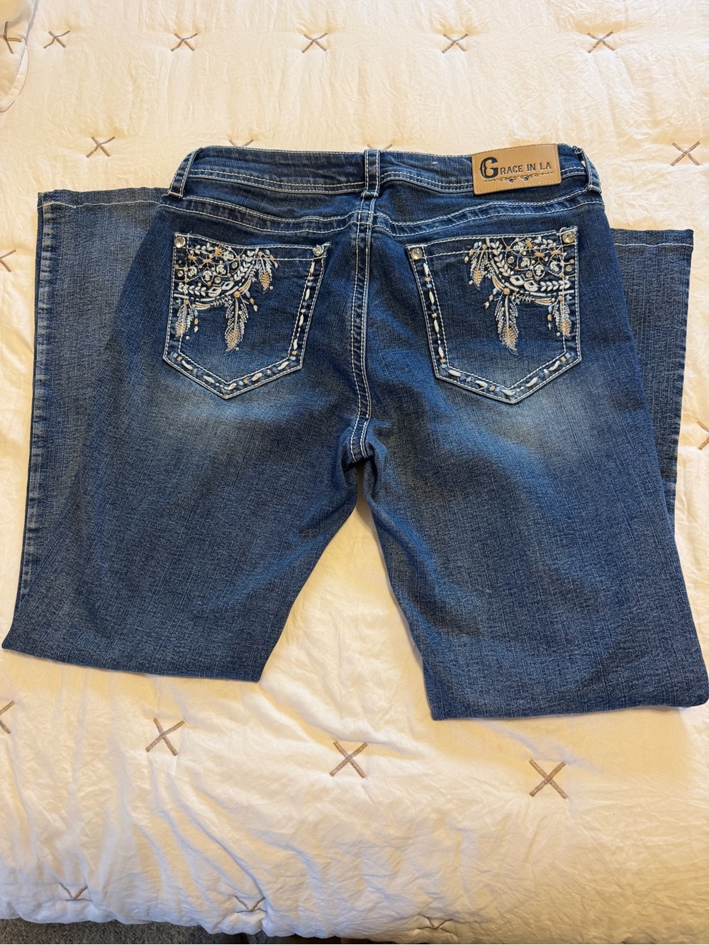 Grace in LA Dark Blue Embellished Pocket Bootcut Jeans - HEMMED